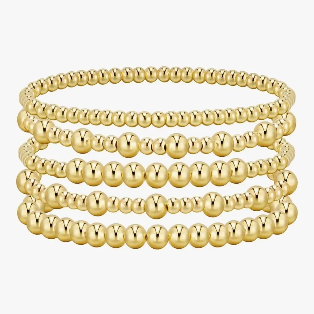 NEW 14K Gold Plated Bracelet Stack Strand Stretch Bead Ball Bracelet Set